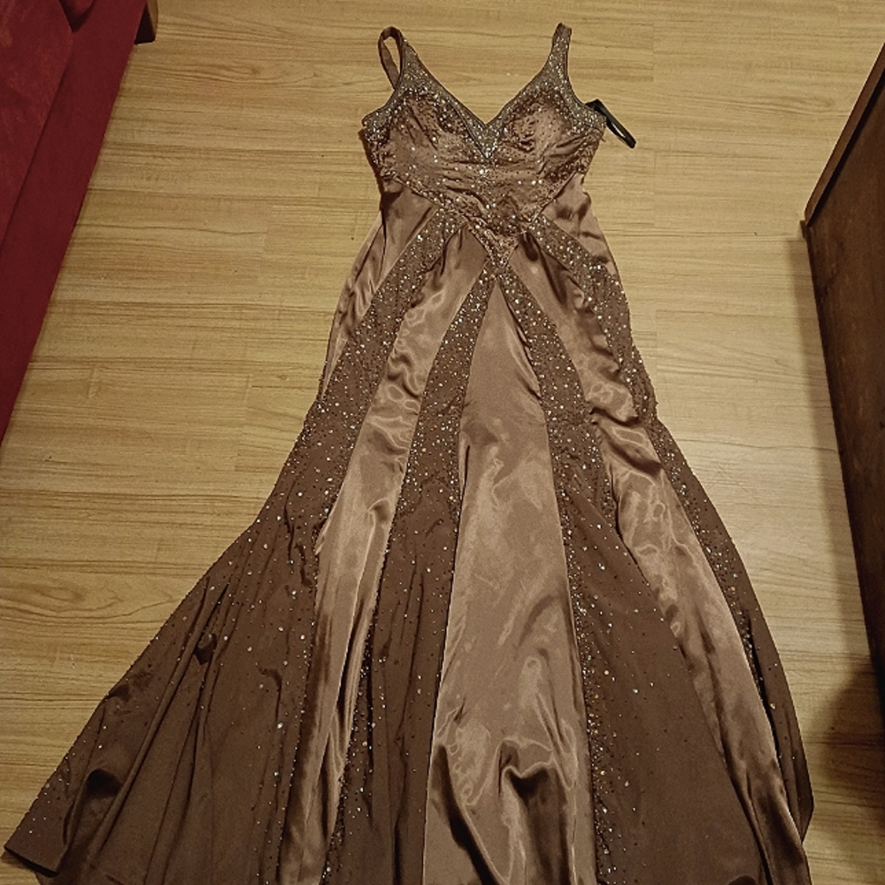 Brown satin beaded long prom dress size 10